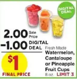 United Supermarkets Fresh Made Watermelon, Cantaloupe or Pineapple Fruit Cups offer