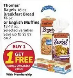 Vons Thomas' Bagels or English Muffins offer