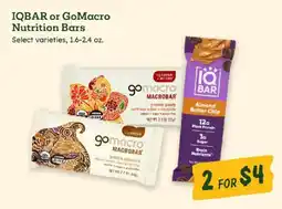 Sprouts Farmers Market Iqbar or Gomacro nutrition bars offer