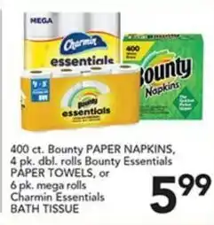 Pete's Fresh Market Bounty paper napkins, bounty essentials paper towels, or charmin essentials bath tissue offer