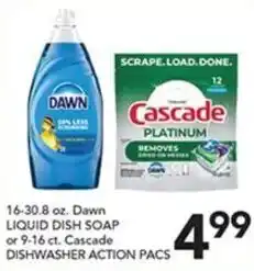 Pete's Fresh Market Dawn liquid dish soap or cascade dishwasher action pacs offer