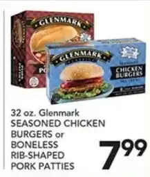 Pete's Fresh Market Glenmark seasoned chicken burgers or boneless rib-shaped pork patties offer