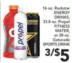 Pete's Fresh Market Rockstar energy drinks, propel fitness water, or gatorade sports drink offer