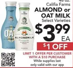 Pete's Fresh Market Califia Farms Almond or Oat Milk offer