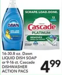 Pete's Fresh Market Dawn liquid dish soap or cascade dishwasher action pacs offer