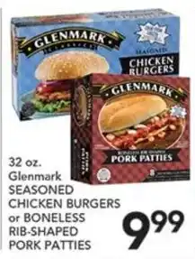 Pete's Fresh Market Glenmark seasoned chicken burgers or boneless rib-shaped pork patties offer