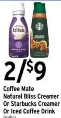 Brookshire's Coffee Mate Natural Bliss Creamer Or Starbucks Creamer Or Iced Coffee Drink offer