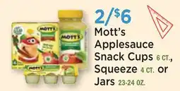 Heinen's Mott's Applesauce Snack Cups 6 CT., Squeeze 4 CT. or Jars 23-24 OZ offer