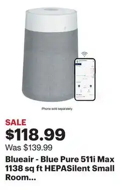 Best Buy Blueair - Blue Pure 511i Max 1138 sq ft HEPASilent Small Room Bedroom Air Purifier - White/Gray offer