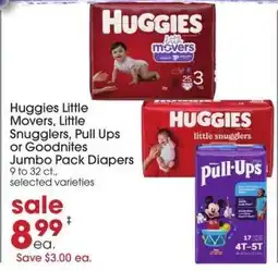 Giant Eagle Huggies Little Movers, Little Snugglers, Pull Ups, or Goodnites Jumbo Pack Diapers offer