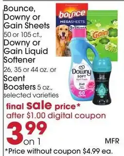 Giant Eagle Bounce, Downy or Gain Sheets, Downy or Gain Liquid Softener, Scent Boosters offer