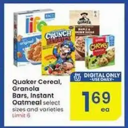Albertsons Quaker Cereal, Granola Bars, Instant Oatmeal offer