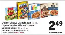 Safeway Quaker Chewy Granola Bars, Cap'n Crunch's, Life or Oatmeal Squares Cereal, Instant Oatmeal offer