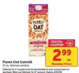 Safeway Planet Oat Oatmilk offer