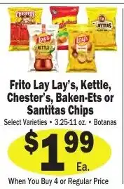Sellers Bros Frito Lay Lay's, Kettle, Chester's, Baken-Ets or Santitas Chips offer
