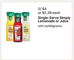 Walgreens Single-Serve Simply Lemonade or Juice offer