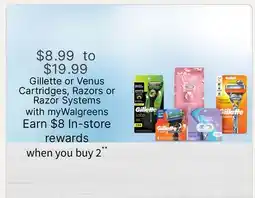 Walgreens Gillette or Venus Cartridges, Razors or Razor Systems offer