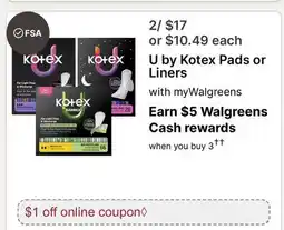 Walgreens U by Kotex Pads or Liners offer
