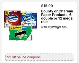 Walgreens Bounty or Charmin Paper Products, 6 double or 12 mega rolls offer