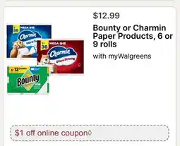 Walgreens Bounty or Charmin Paper Products, 6 or 9 rolls offer
