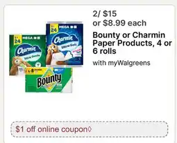 Walgreens Bounty or Charmin Paper Products, 4 or 6 rolls offer