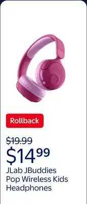 Walmart JLab JBuddies Pop Wireless Kids Headphones, 2 in 1 Wireless + Wired, Volume Safe, Pink offer