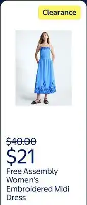 Walmart Free Assembly Women's and Women's Plus Embroidered Cotton Midi Dress offer
