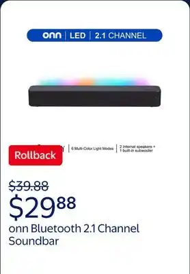 Walmart onn 20 Inch Bluetooth 2.1 Channel Soundbar with Multi-Color LED Lighting, Black offer