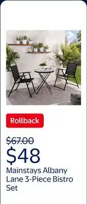 Walmart Mainstays Albany Lane 3-Piece Outdoor Bistro Set, Folding Chairs & Glass Table, Black offer