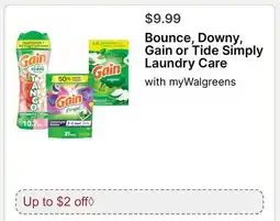 Walgreens Bounce, Downy, Gain or Tide Simply Laundry Care offer