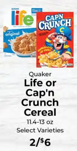 Sunset Foods Quaker Life or Cap'n Crunch Cereal offer