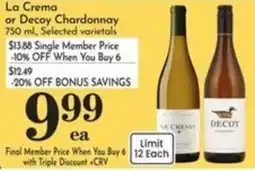 Pavilions La Crema or Decoy Chardonnay offer