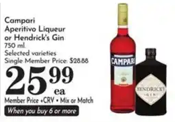 Pavilions Campari Aperitivo Liqueur or Hendrick's Gin offer