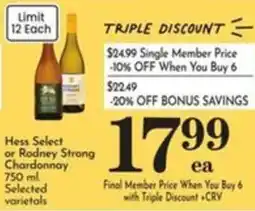 Pavilions Hess Select or Rodney Strong Chardonnay offer