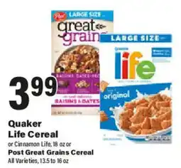 Big Y Quaker Life Cereal or Post Great Grains Cereal offer