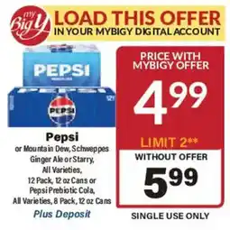 Big Y Pepsi or Mountain Dew, Schweppes Ginger Ale or Starry, All Varieties offer