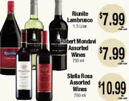 Big Saver Foods Riunite Lambrusco 1.5 Liter, Robert Mondavi Assorted Wines 750 ml, Stella Rosa Assorted Wines 750 ml offer