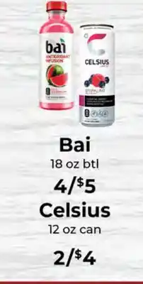 Sunset Foods Bai 18 oz btl, Celsius 12 oz can offer