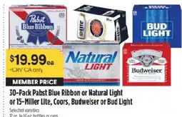 Raley's 30-Pack Pabst Blue Ribbon or Natural Light or 15-Miller Lite, Coors, Budweiser or Bud Light offer