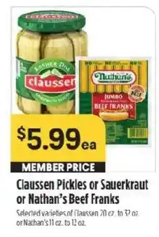 Raley's Claussen Pickles or Sauerkraut or Nathan's Beef Franks offer