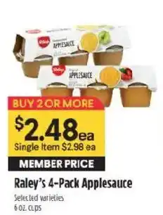 Raley's Raley's 4-Pack Applesauce offer