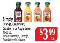 Food City Simply Orange, Grapefruit, Cranberry or Apple Juice offer