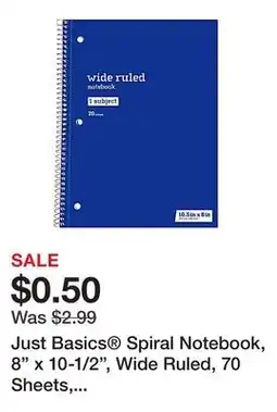 Office Depot Just Basics Spiral Notebook, 8 x 10-1/2, Wide Ruled, 70 Sheets, Blue offer