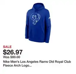 Dick's Sporting Goods Nike Men's Los Angeles Rams Old Royal Club Fleece Arch Logo Pullover Hoodie offer