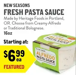 New Seasons Market Heritage Foods fresh pasta sauce offer