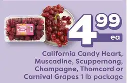 Weis Markets California Candy Heart, Muscadine, Scuppernong, Champagne, Thomcord or Carnival Grapes offer