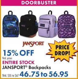 Boscov's ENTIRE STOCK JANSPORT Backpacks offer