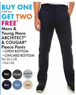 Boscov's OPEN BOTTOM or CINCHED BOTTOM Mens & Young Mens ARCHITECT & COUGAR Fleece Pants offer