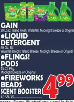 Bravo Supermarkets GAIN LIQUID DETERGENT • FLINGS! PODS • FIREWORKS BEADS SCENT BOOSTER offer