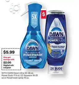 CVS Dawn Ultra 30-38 oz., Power Suds 17.4 oz., EZ-Squeeze 18-22 oz or Powerwash spray 10 oz offer